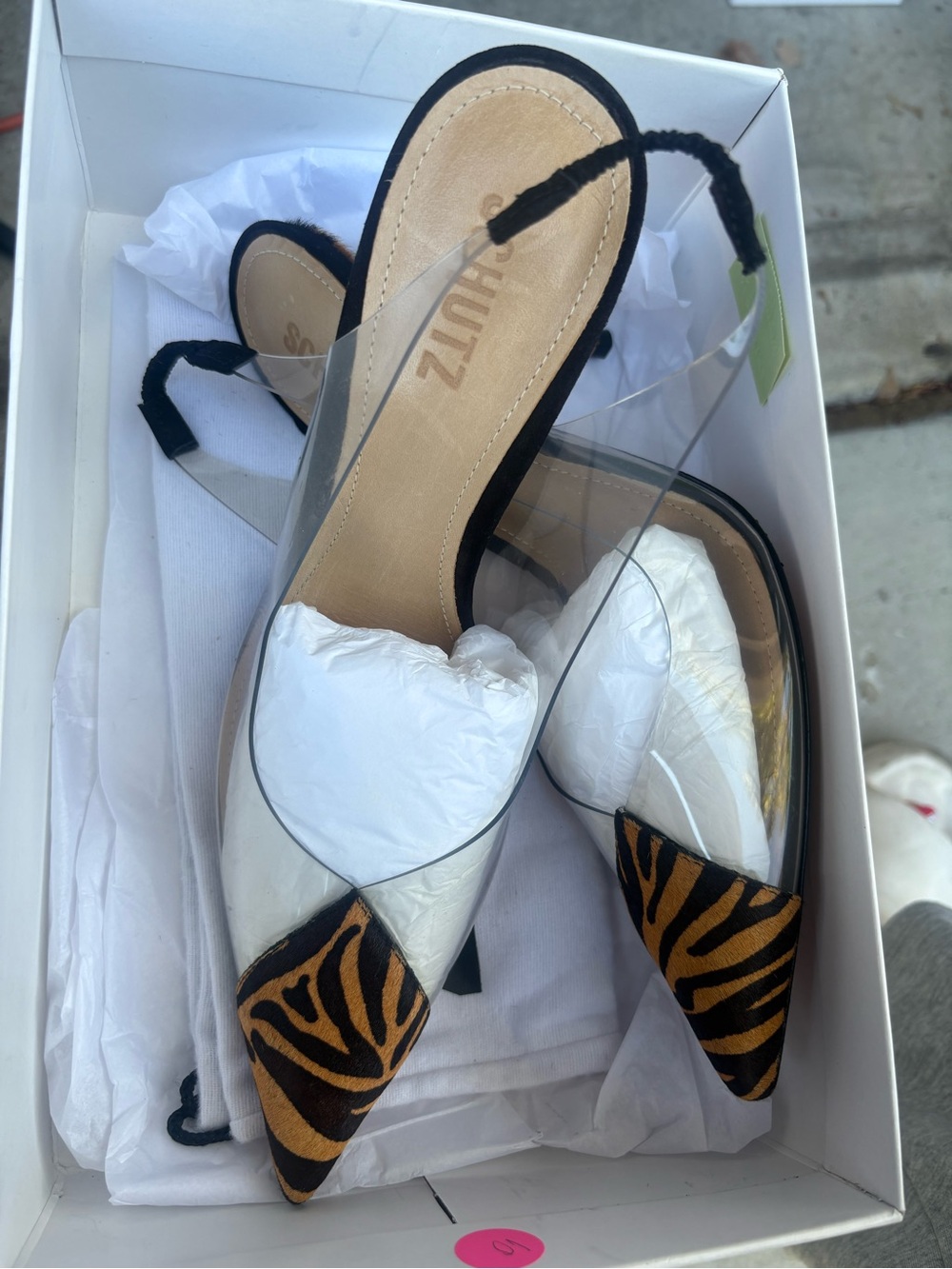 SCHUTZ Zebra-Print Black and Brown Pointed Toe Clear Panel Stiletto Heels - Picture 7 of 8